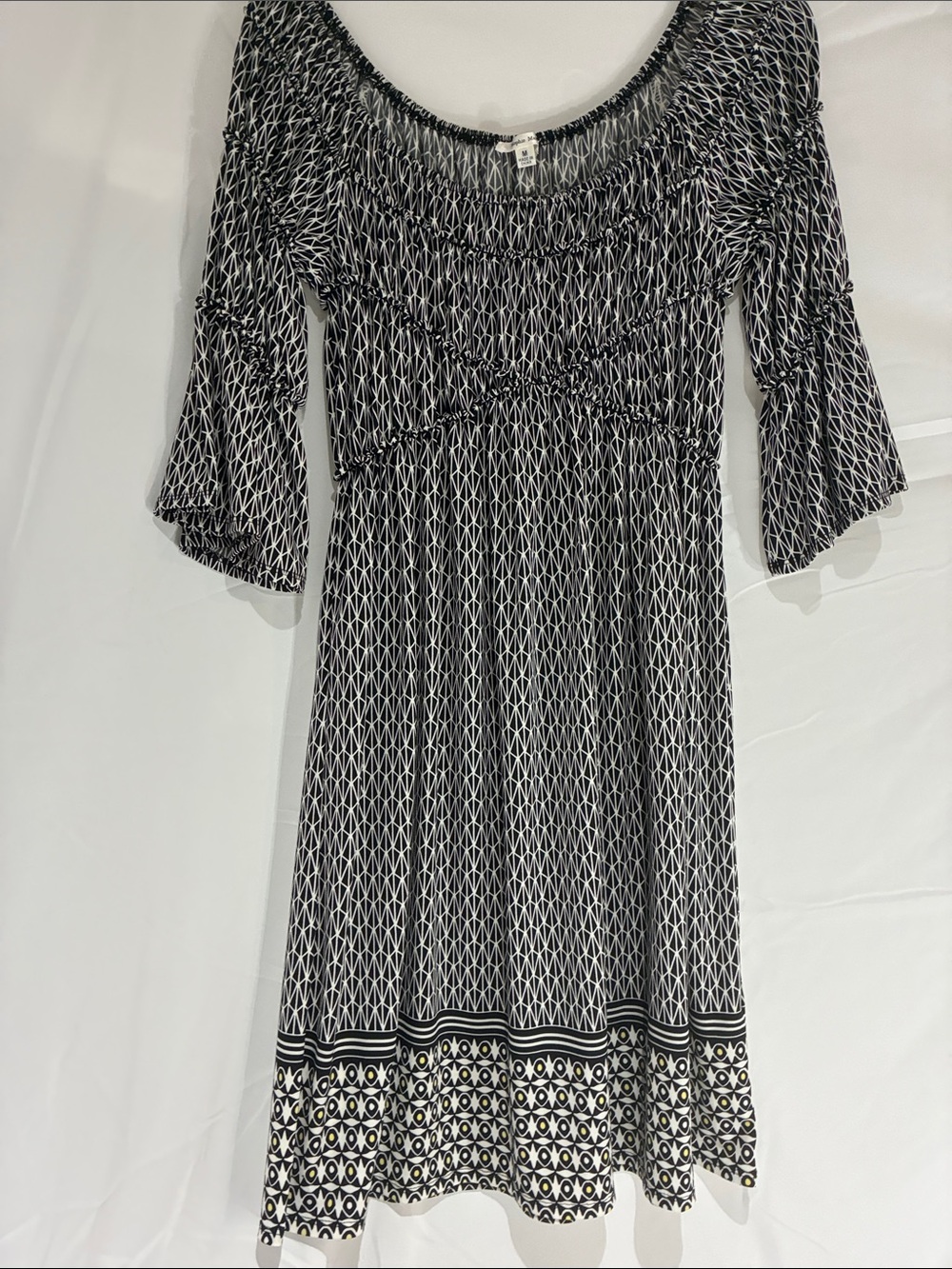 Sophie Max Black & White Geometric Midi Dress with hints of yellow on the trim
